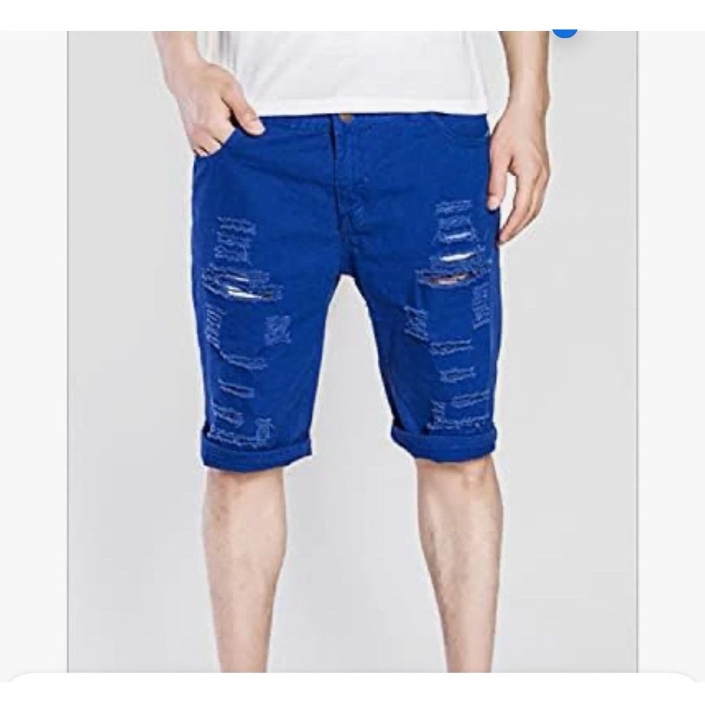 Summer Men Shorts Casual Denim Ripped Straight Shorts Half Jeans Medium Blue